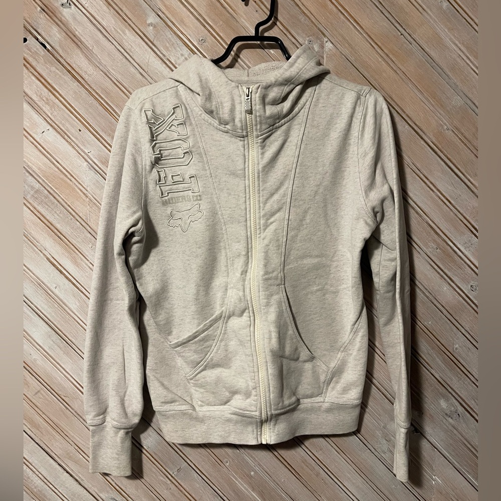 Fox racing white zippered sweater w/ pockets & hood size medium motocross hoodie